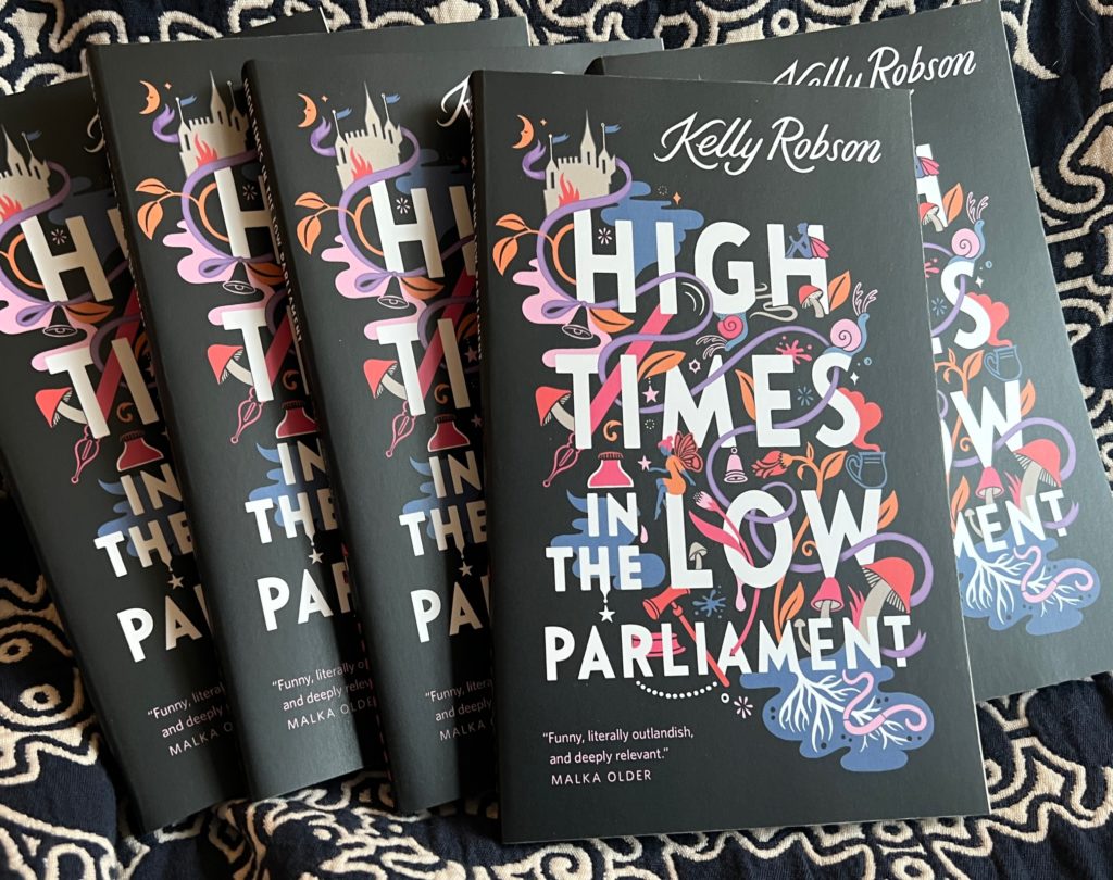 Five paperback books "High Times in the Low Parliament" on an abstract background.
