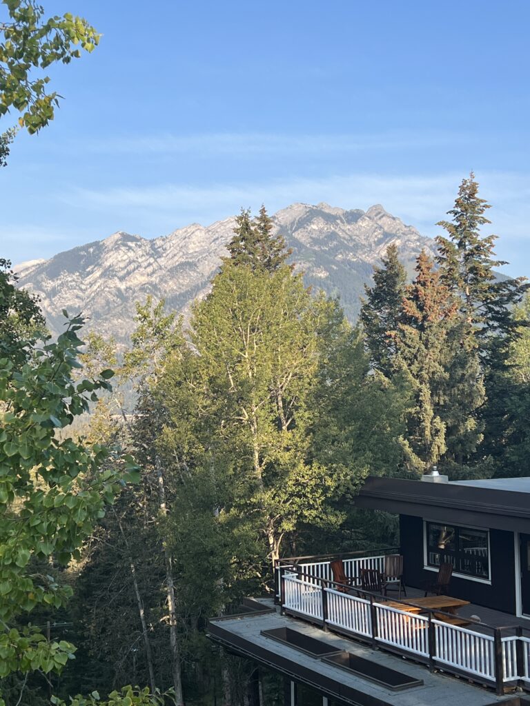 Under bright blue skies, a mountain behind a sweep of trees, and the top floor of a house, with an open deck.